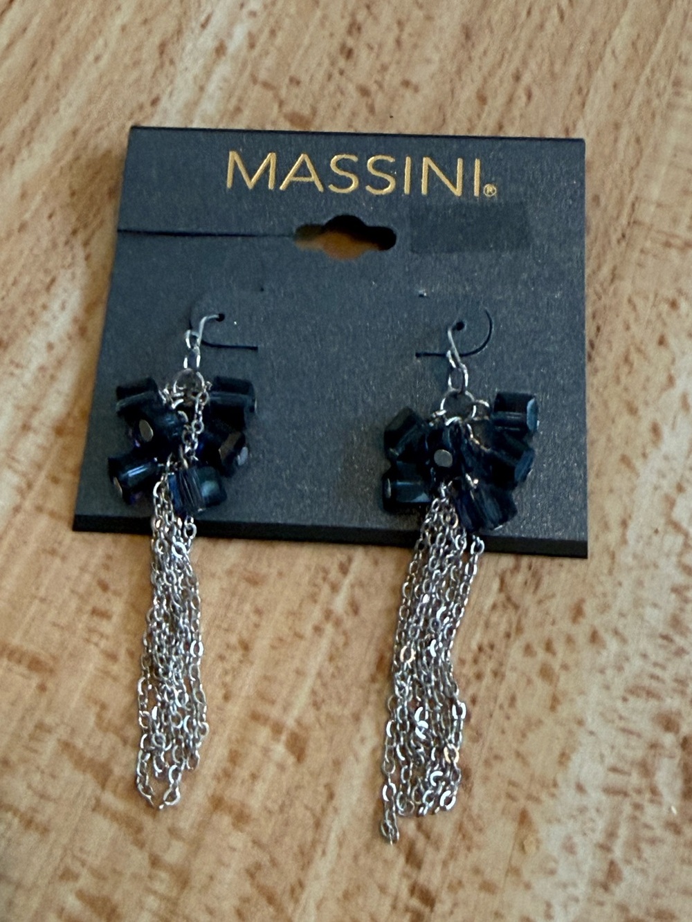 NWT. Massini. Blue/Gray w/Silver Chains Dangle Earrings.